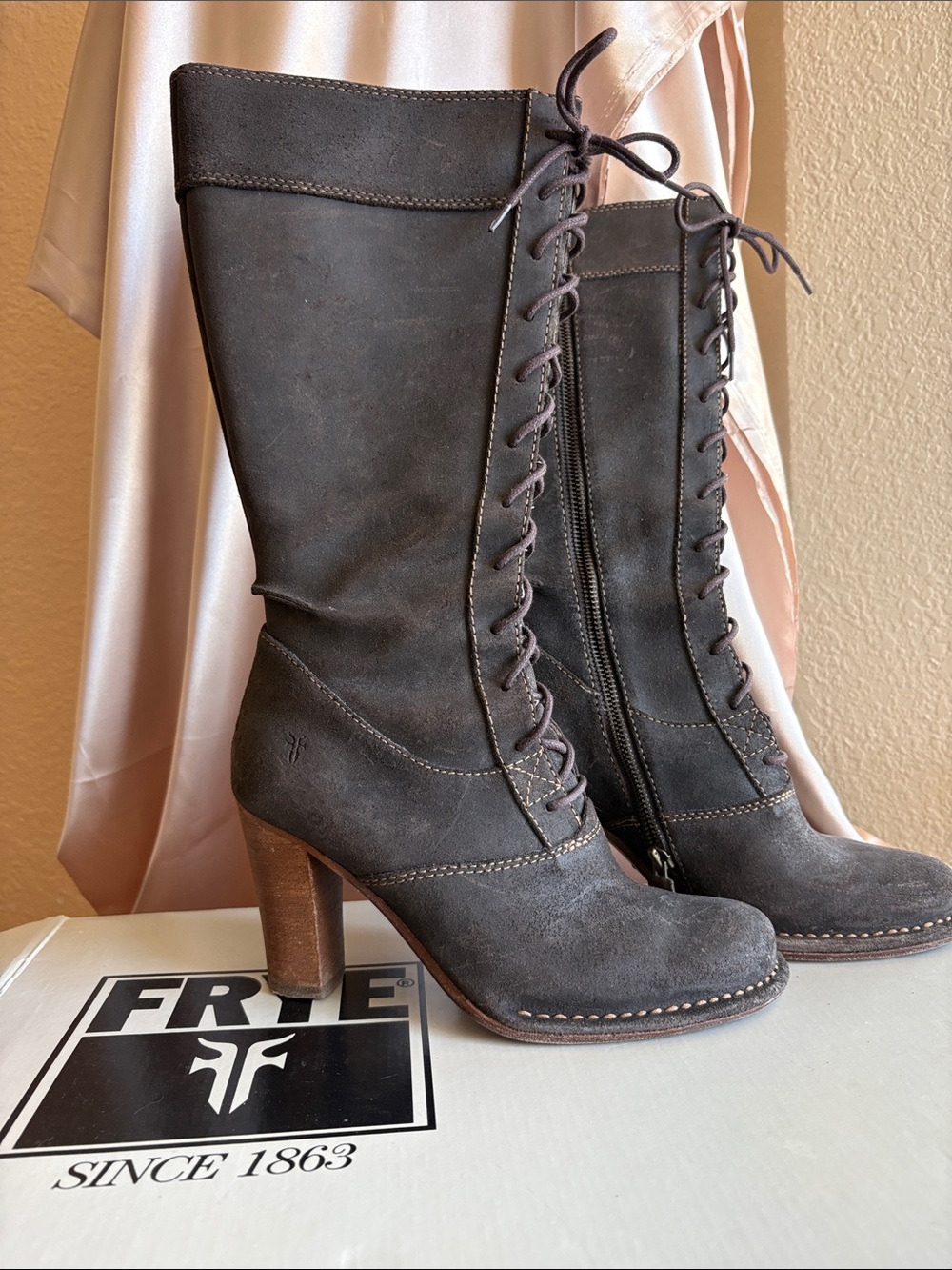 Frye Villager Lace Dark Brown Leather Mid-Calf Boots with Side Zipper Sz 6